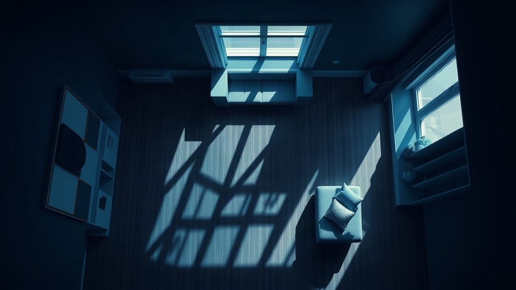 Sunlit floor plan visualization with cyan light patches